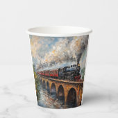Stoomtrein op een brug - olieverfschilderij papieren bekers (Achterkant)