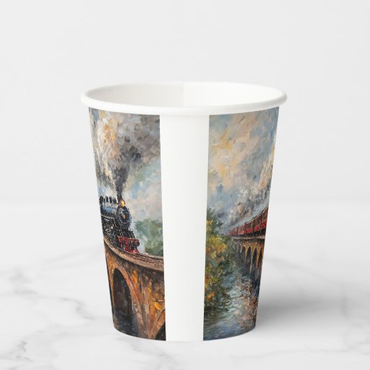 Stoomtrein op een brug - olieverfschilderij papieren bekers (Links)
