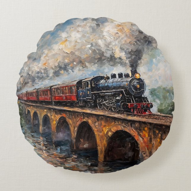 Stoomtrein op een brug - olieverfschilderij rond kussen (Voorkant)