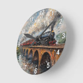 Stoomtrein op een brug - olieverfschilderij ronde klok (Hoek)