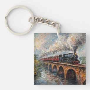 Stoomtrein op een brug - olieverfschilderij sleutelhanger