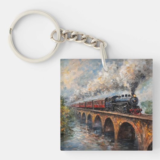 Stoomtrein op een brug - olieverfschilderij sleutelhanger (voorkant)