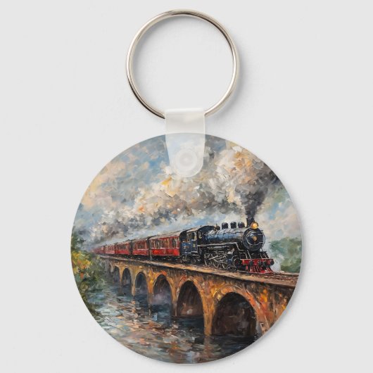 Stoomtrein op een brug - olieverfschilderij sleutelhanger (Voorkant)