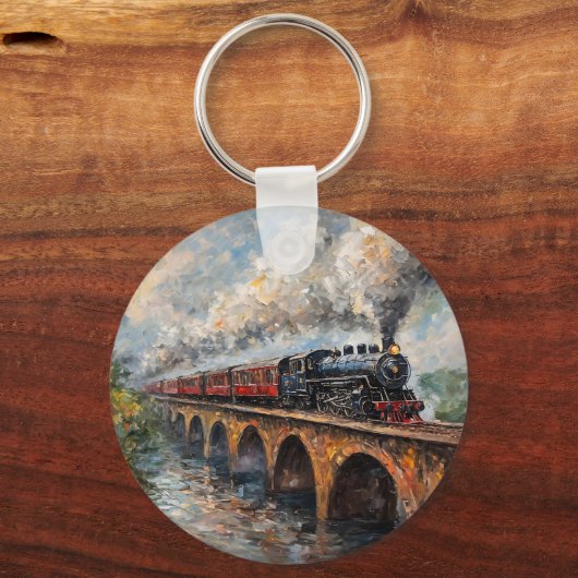 Stoomtrein op een brug - olieverfschilderij sleutelhanger (Voorkant)