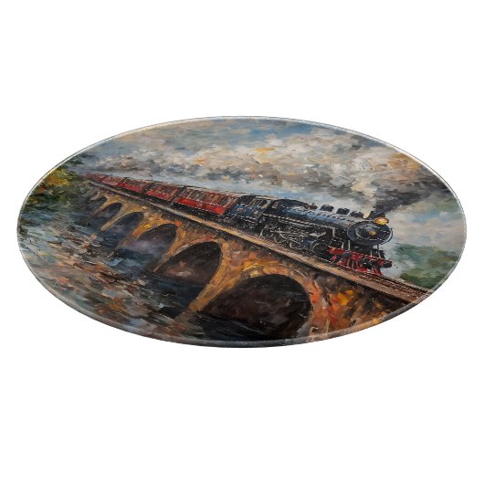 Stoomtrein op een brug - olieverfschilderij snijplank (Hoek)