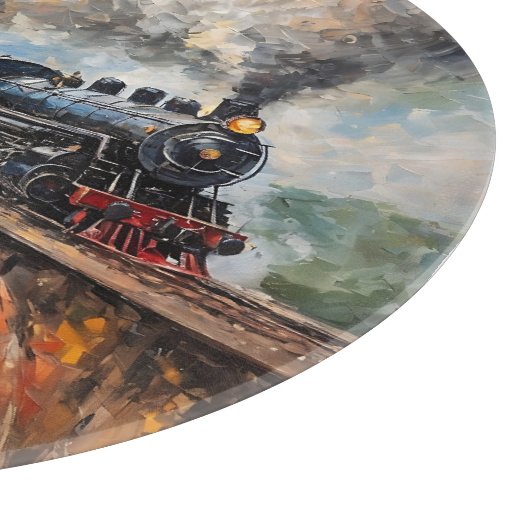 Stoomtrein op een brug - olieverfschilderij snijplank (Hoek)