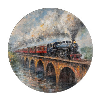 Stoomtrein op een brug - olieverfschilderij snijplank