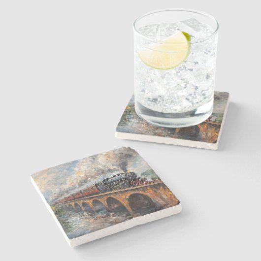 Stoomtrein op een brug - olieverfschilderij stenen onderzetter (Zijkant)