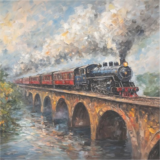 Stoomtrein op een brug - olieverfschilderij sticker (Voorkant)