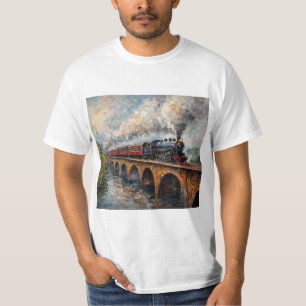 Stoomtrein op een brug - olieverfschilderij t-shirt