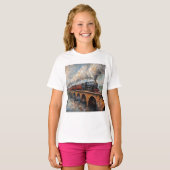 Stoomtrein op een brug - olieverfschilderij t-shirt (Voorkant volledig)
