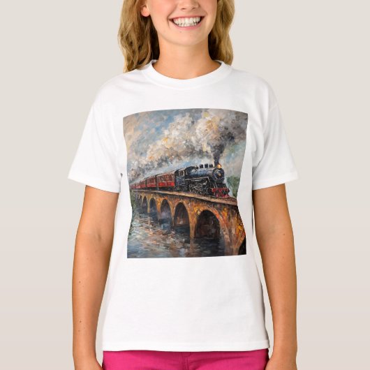 Stoomtrein op een brug - olieverfschilderij t-shirt (Voorkant)