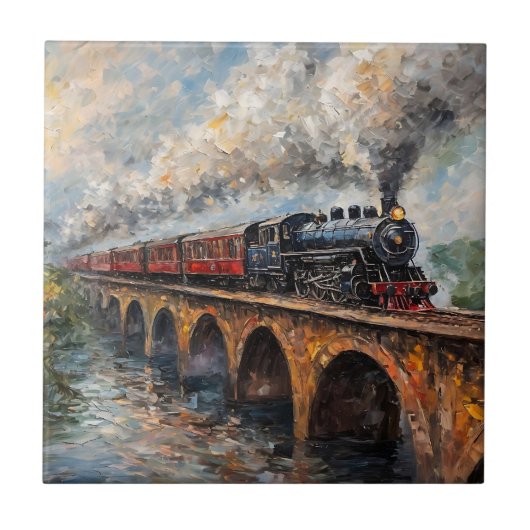 Stoomtrein op een brug - olieverfschilderij tegeltje (Voorkant)