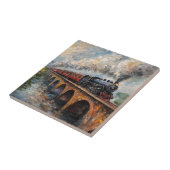 Stoomtrein op een brug - olieverfschilderij tegeltje (Zijkant)