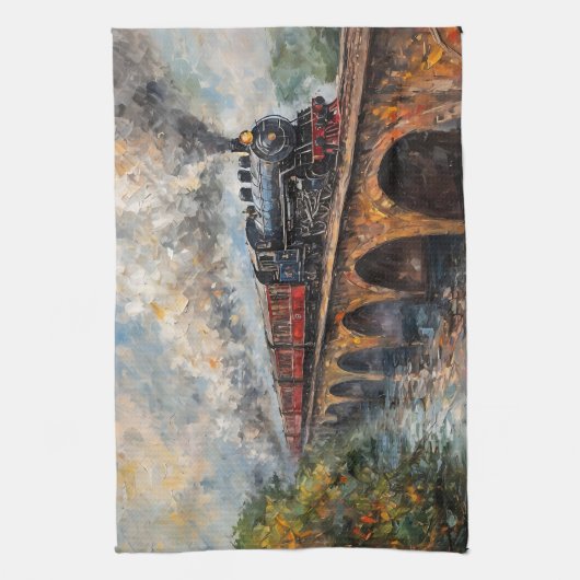 Stoomtrein op een brug - olieverfschilderij theedoek (Verticaal)