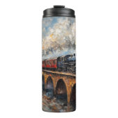 Stoomtrein op een brug - olieverfschilderij thermosbeker (Voorkant)