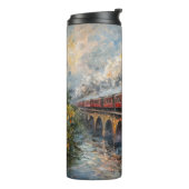 Stoomtrein op een brug - olieverfschilderij thermosbeker (Gedraaid links)
