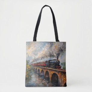 Stoomtrein op een brug - olieverfschilderij tote bag
