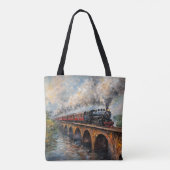 Stoomtrein op een brug - olieverfschilderij tote bag (Achterkant)