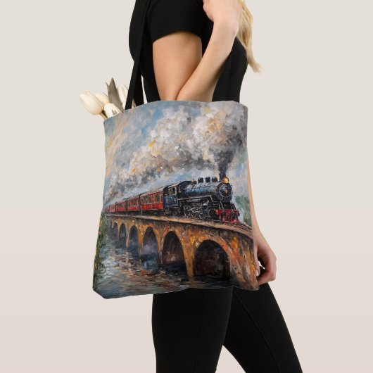 Stoomtrein op een brug - olieverfschilderij tote bag (Dichtbij)