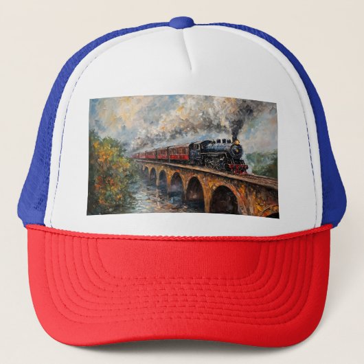 Stoomtrein op een brug - olieverfschilderij trucker pet (Voorkant)