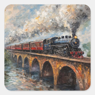Stoomtrein op een brug - olieverfschilderij vierkante sticker