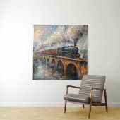Stoomtrein op een brug - olieverfschilderij wandkleed (In situ)