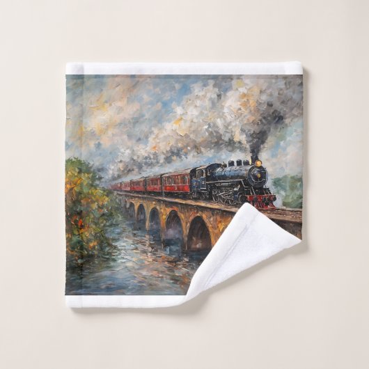 Stoomtrein op een brug - olieverfschilderij washandje (Wasdoekje)