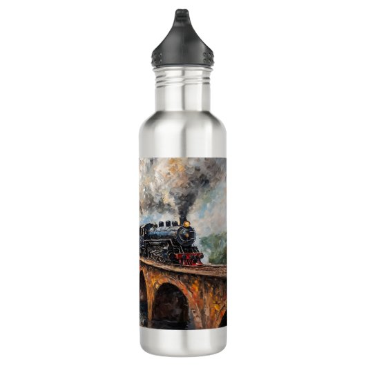 Stoomtrein op een brug - olieverfschilderij waterfles  (Rechts)