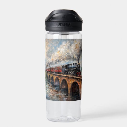 Stoomtrein op een brug - olieverfschilderij waterfles (Achterkant)