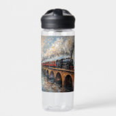 Stoomtrein op een brug - olieverfschilderij waterfles (Voorkant)