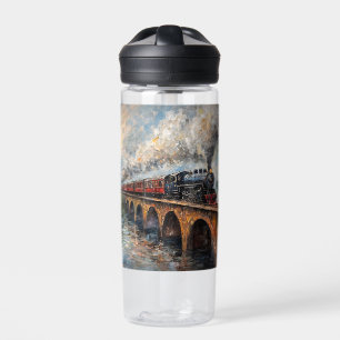 Stoomtrein op een brug - olieverfschilderij waterfles