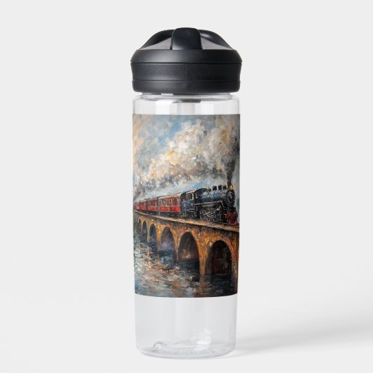 Stoomtrein op een brug - olieverfschilderij waterfles (Voorkant)