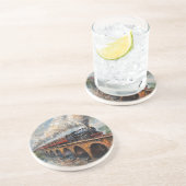 Stoomtrein op een brug - olieverfschilderij zandsteen onderzetter (Zijkant)