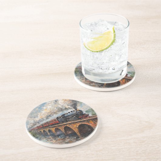 Stoomtrein op een brug - olieverfschilderij zandsteen onderzetter (Zijkant)