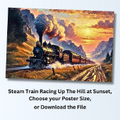 Stoomtrein racet de heuvel op bij Sunset, Railroad Poster