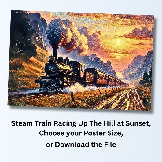 Stoomtrein racet de heuvel op bij Sunset, Railroad Poster