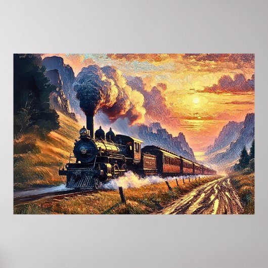 Stoomtrein racet de heuvel op bij Sunset, Railroad Poster (Voorkant)