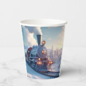  stoomtrein winterbesneeuwde bergen papieren bekers (Achterkant)