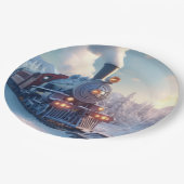  stoomtrein winterbesneeuwde bergen papieren bordje (Gekanteld)