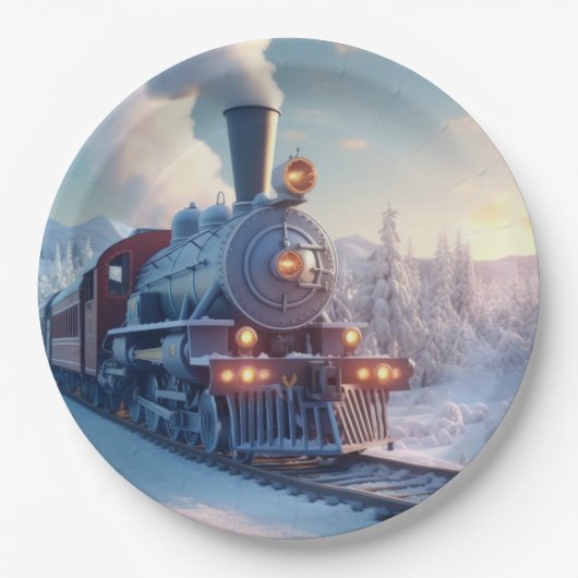  stoomtrein winterbesneeuwde bergen papieren bordje (Voorkant)