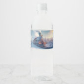  stoomtrein winterbesneeuwde bergen waterfles etiket (Voorkant)