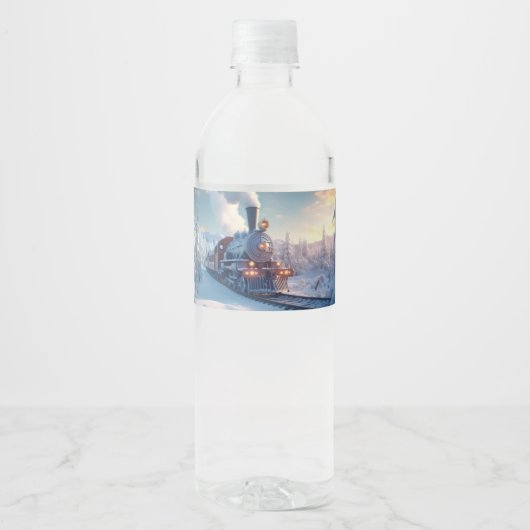  stoomtrein winterbesneeuwde bergen waterfles etiket (Voorkant)