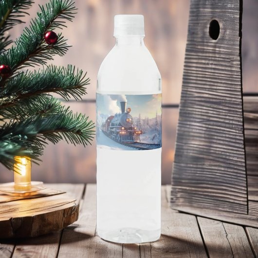  stoomtrein winterbesneeuwde bergen waterfles etiket