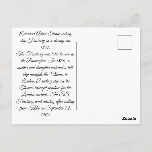 Stoomzeilschip Finsbury 1881 Briefkaart (Achterkant)