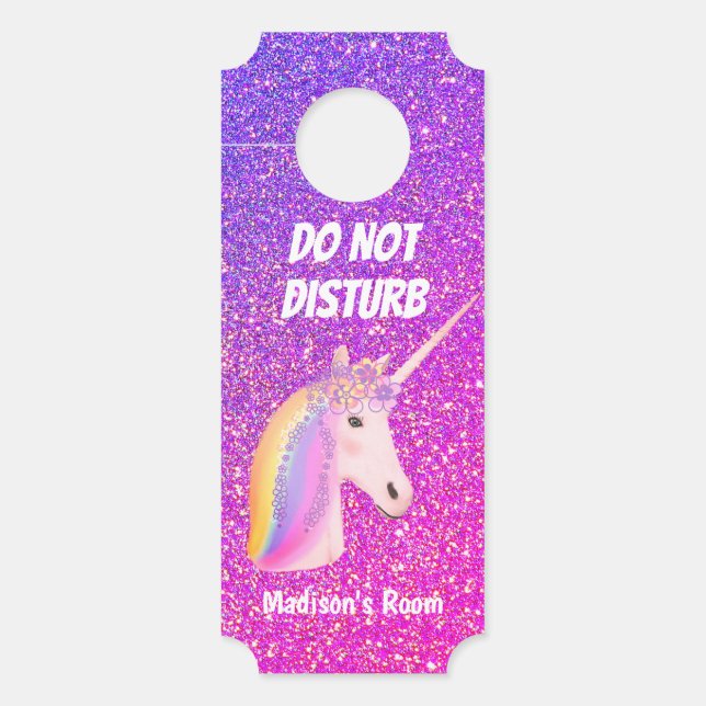 Stoor Unicorn Roze Paarse Glitter Kinderen niet Deurhanger (Voorkant)