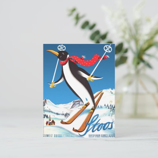 Stoos, Penguin op een ski, Zwitserse bergen Briefkaart (Staand voorkant)
