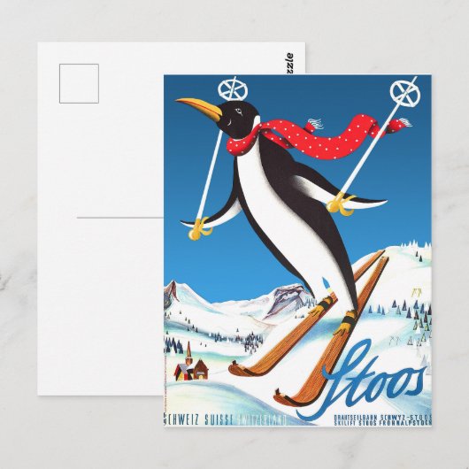 Stoos, Penguin op een ski, Zwitserse bergen Briefkaart (Voorkant / Achterkant)