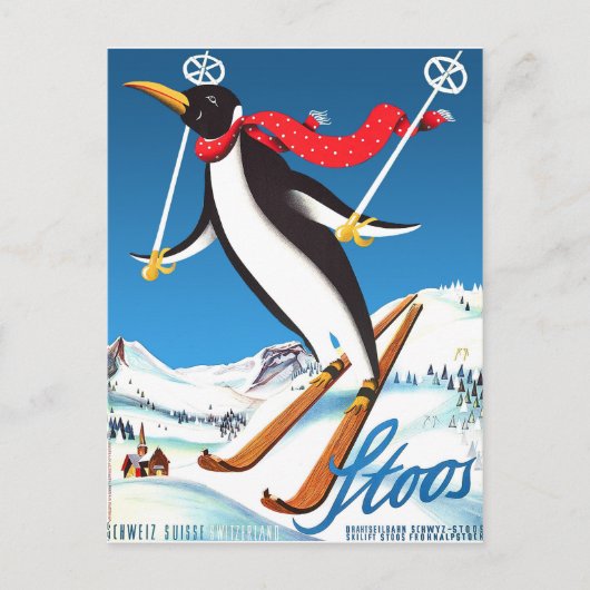 Stoos, Penguin op een ski, Zwitserse bergen Briefkaart (Voorkant)