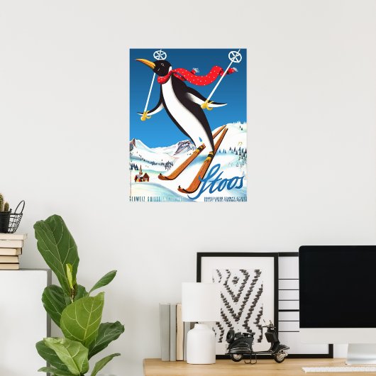 Stoos, Penguin op een ski, Zwitserse bergen Poster (Thuiskantoor)